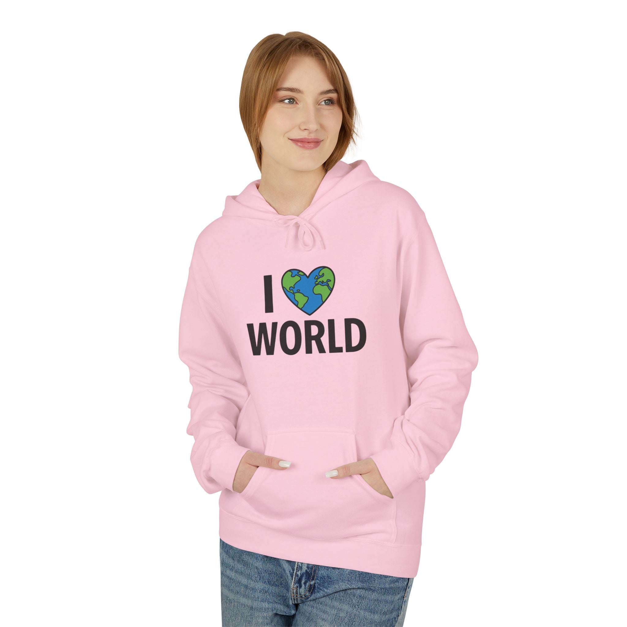 I Love World Fleece Hoodie, Eco-Friendly Apparel, Unisex Sweatshirt, Earth Day Gift, Cozy Travel Wear, Nature Lover's Hoodie