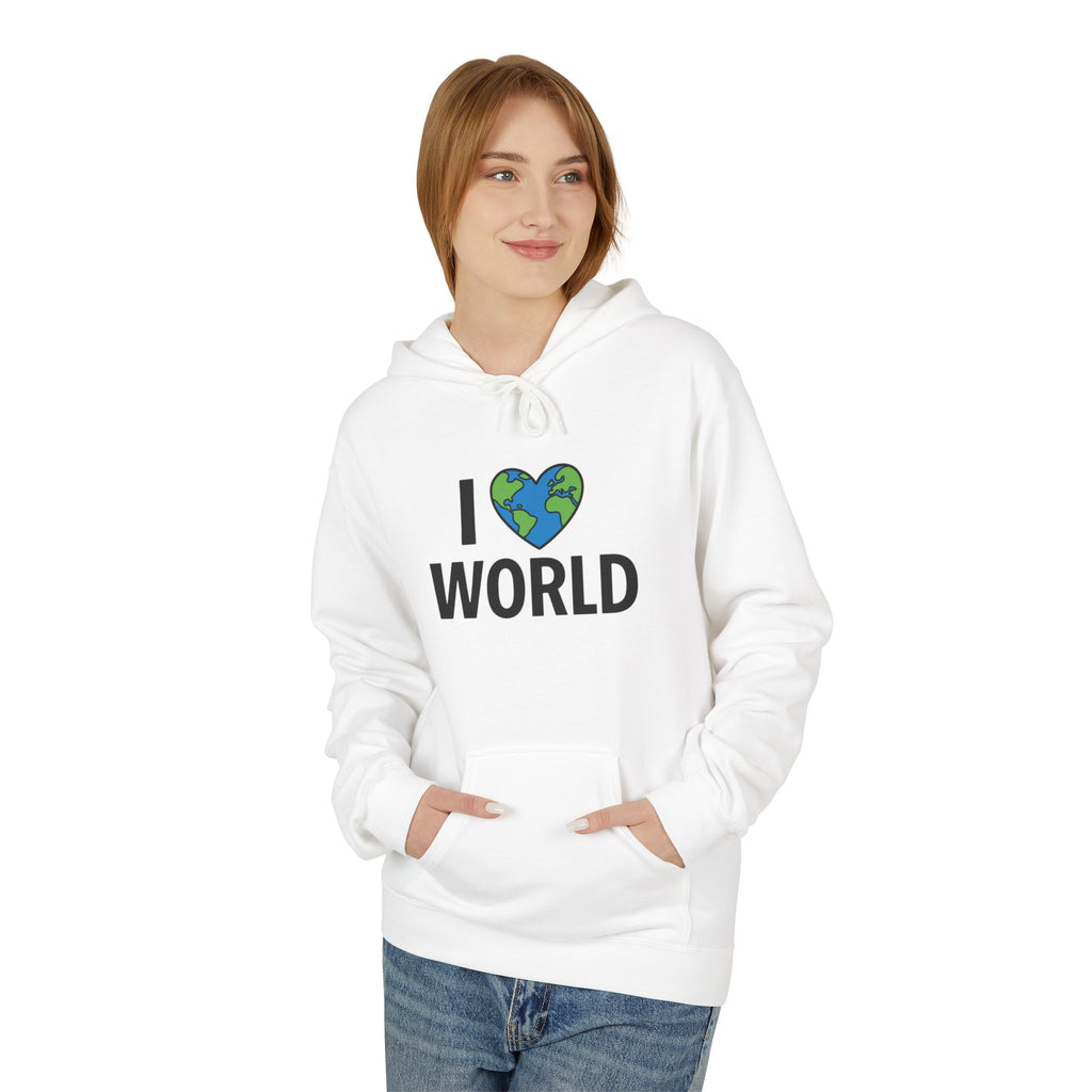 I Love World Fleece Hoodie, Eco-Friendly Apparel, Unisex Sweatshirt, Earth Day Gift, Cozy Travel Wear, Nature Lover's Hoodie