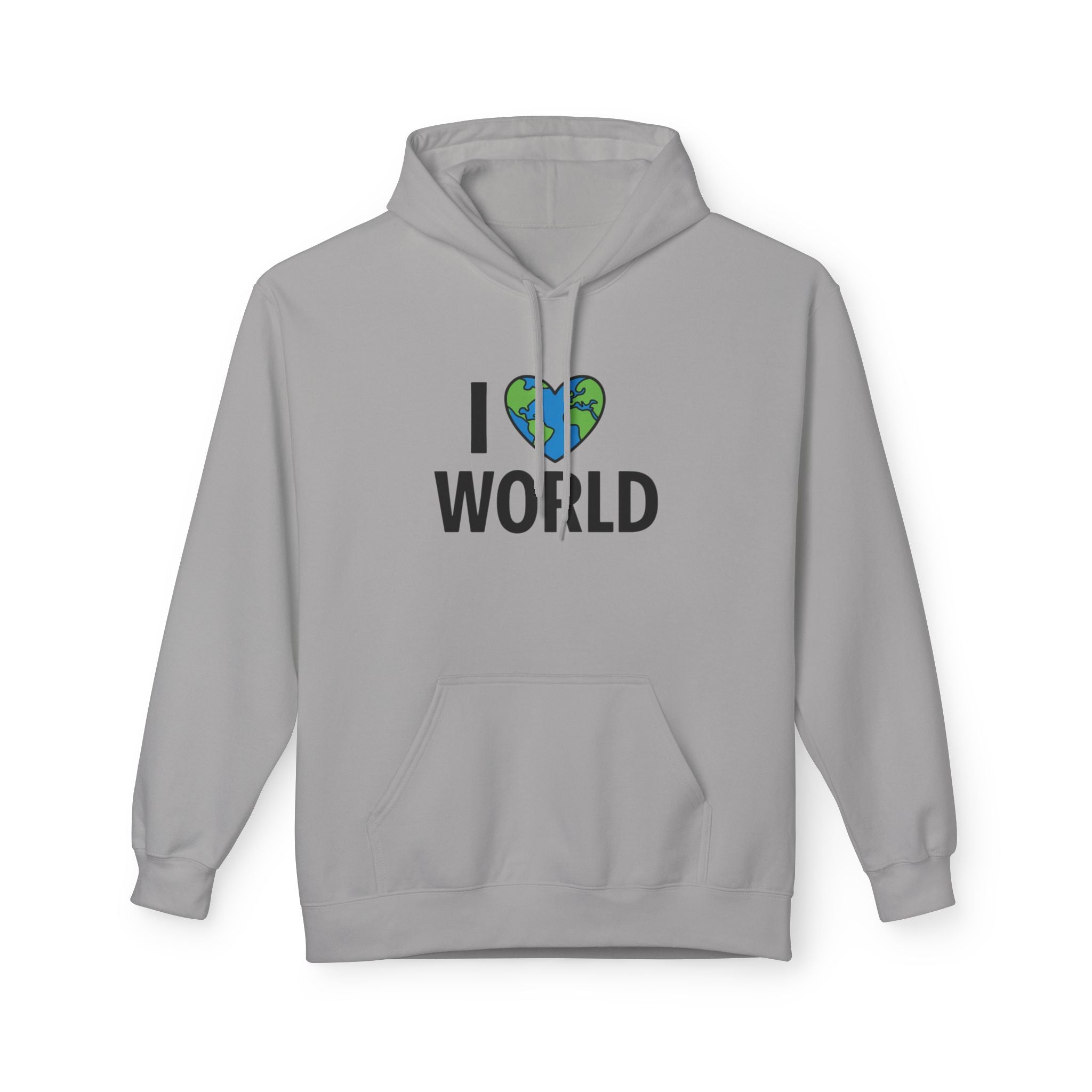 I Love World Fleece Hoodie, Eco-Friendly Apparel, Unisex Sweatshirt, Earth Day Gift, Cozy Travel Wear, Nature Lover's Hoodie