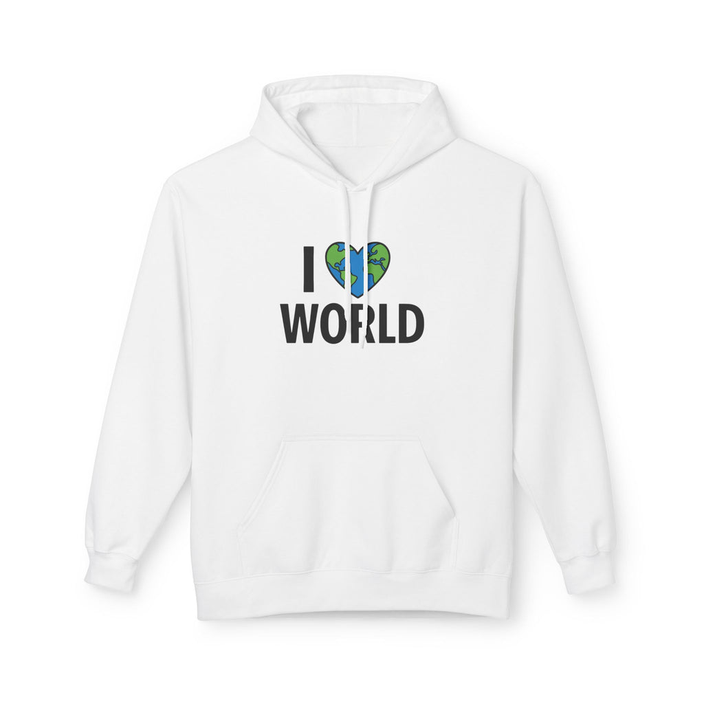 I Love World Fleece Hoodie, Eco-Friendly Apparel, Unisex Sweatshirt, Earth Day Gift, Cozy Travel Wear, Nature Lover's Hoodie