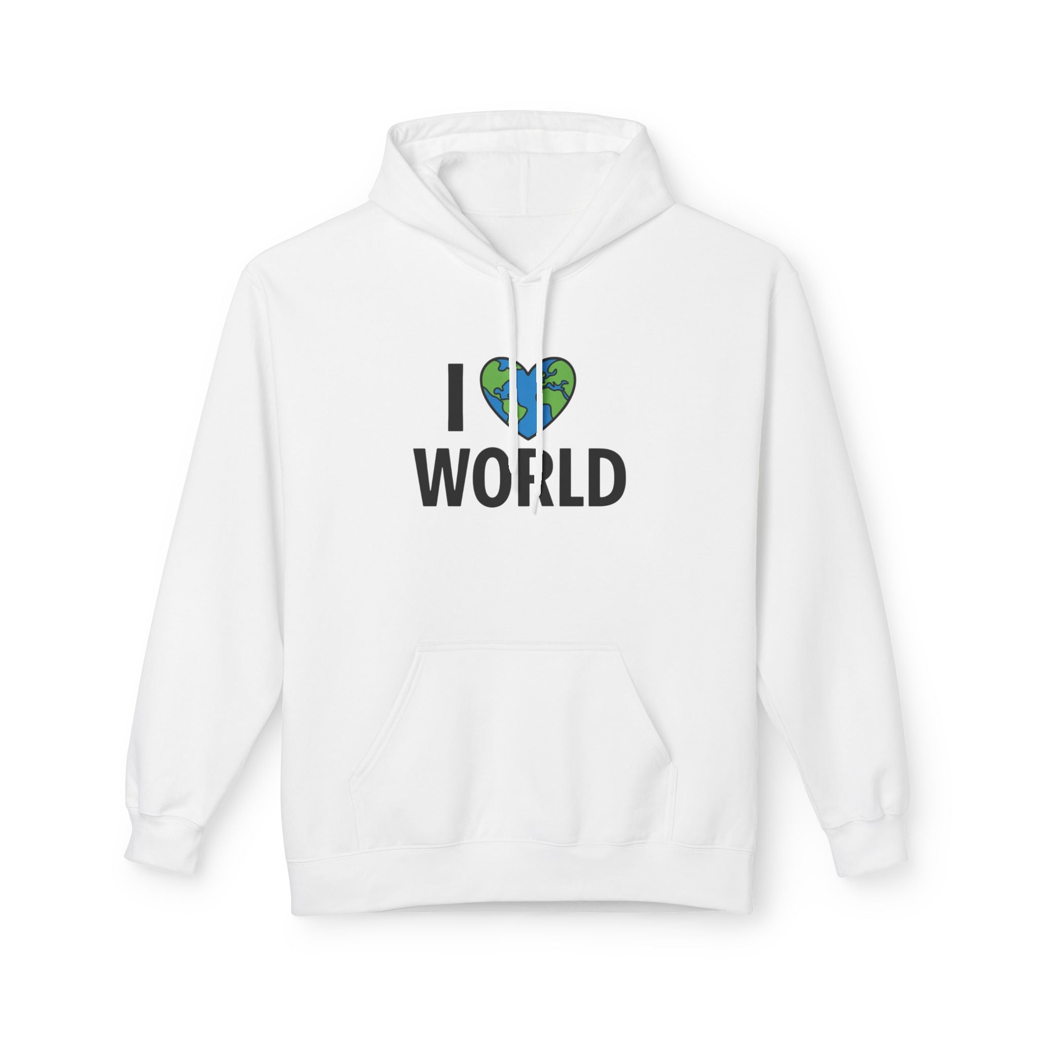I Love World Fleece Hoodie, Eco-Friendly Apparel, Unisex Sweatshirt, Earth Day Gift, Cozy Travel Wear, Nature Lover's Hoodie