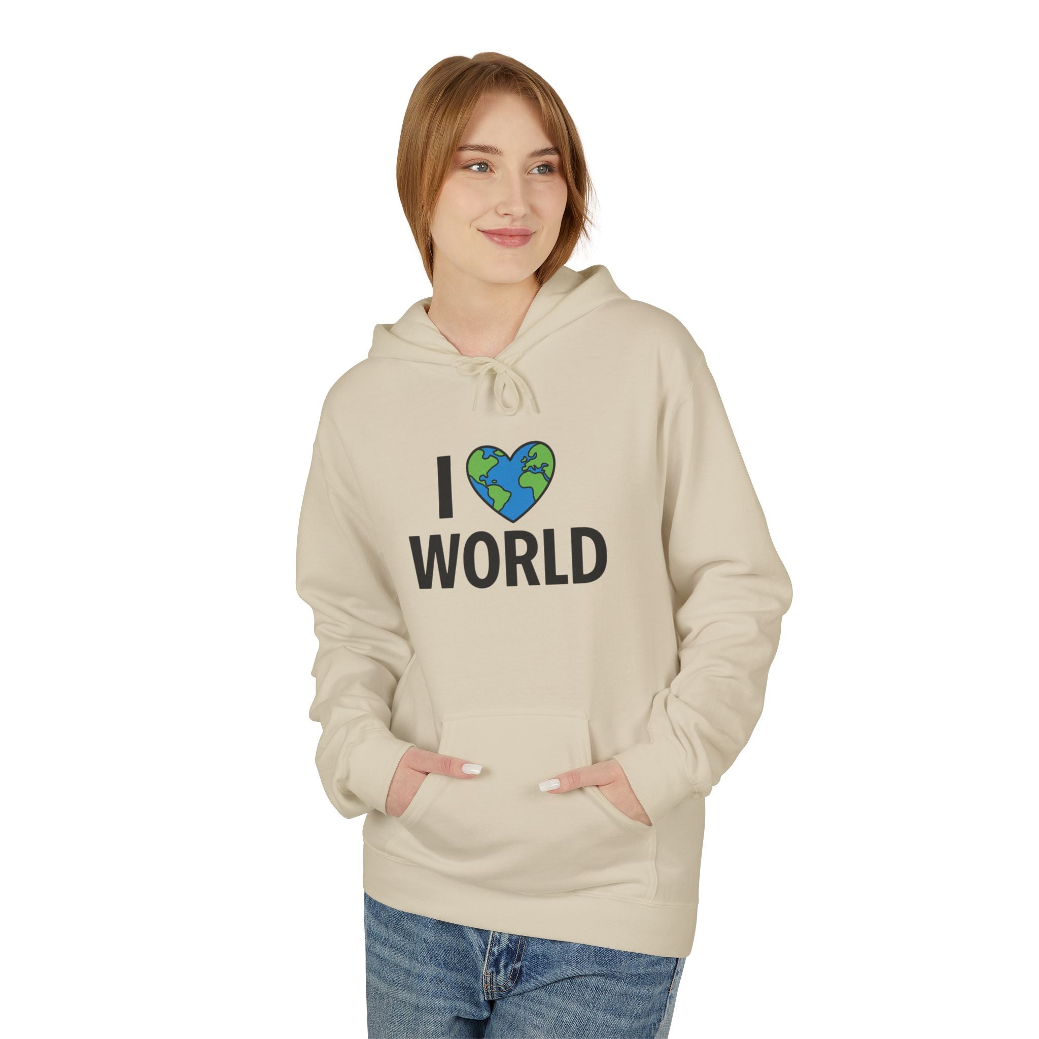 I Love World Fleece Hoodie, Eco-Friendly Apparel, Unisex Sweatshirt, Earth Day Gift, Cozy Travel Wear, Nature Lover's Hoodie