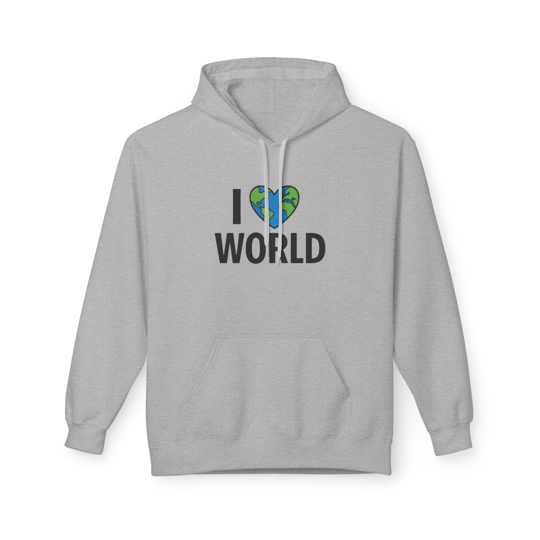 I Love World Fleece Hoodie, Eco-Friendly Apparel, Unisex Sweatshirt, Earth Day Gift, Cozy Travel Wear, Nature Lover's Hoodie