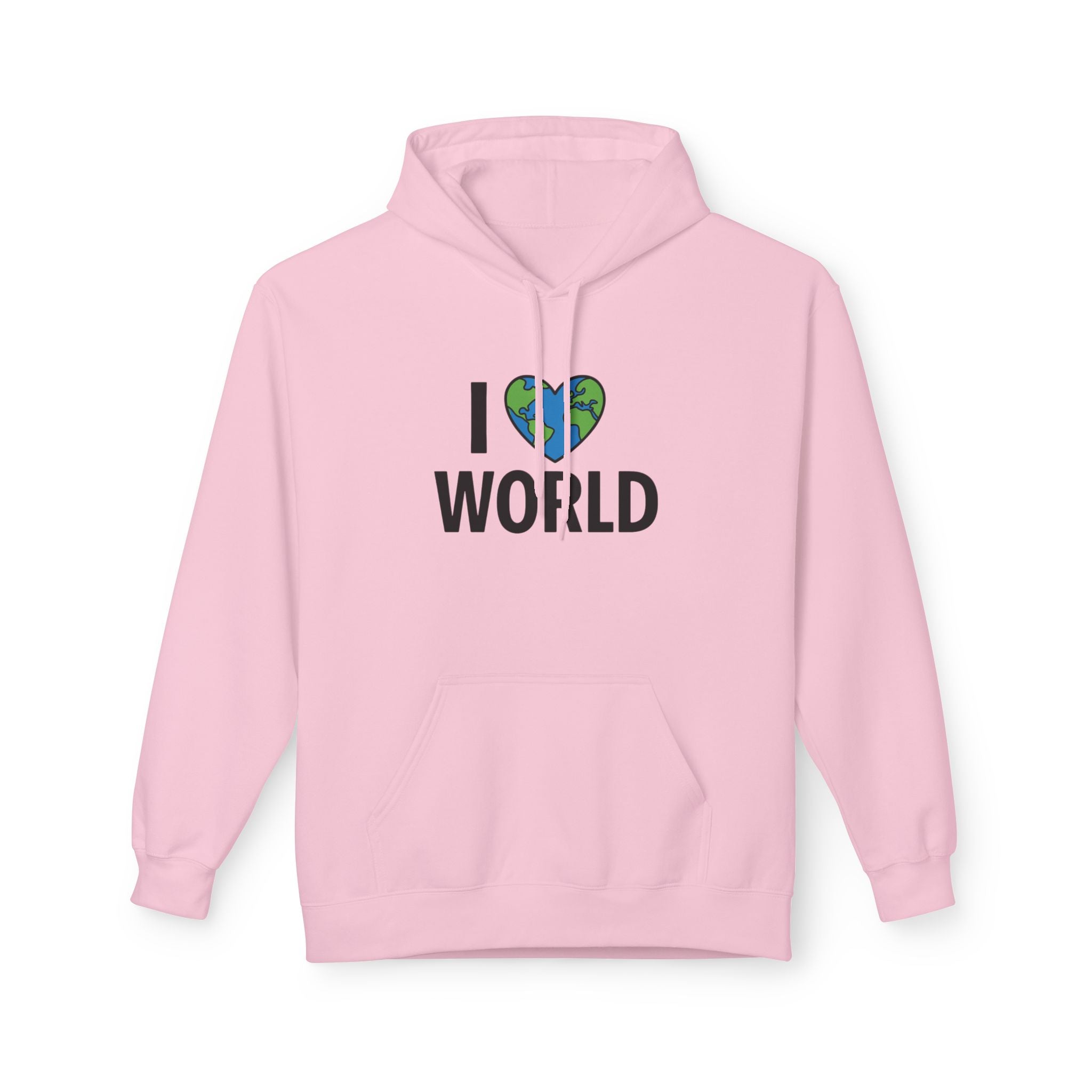 I Love World Fleece Hoodie, Eco-Friendly Apparel, Unisex Sweatshirt, Earth Day Gift, Cozy Travel Wear, Nature Lover's Hoodie