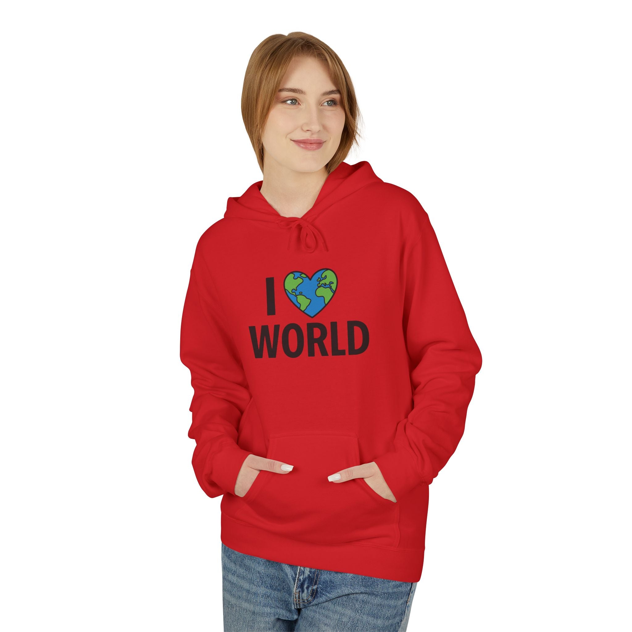 I Love World Fleece Hoodie, Eco-Friendly Apparel, Unisex Sweatshirt, Earth Day Gift, Cozy Travel Wear, Nature Lover's Hoodie
