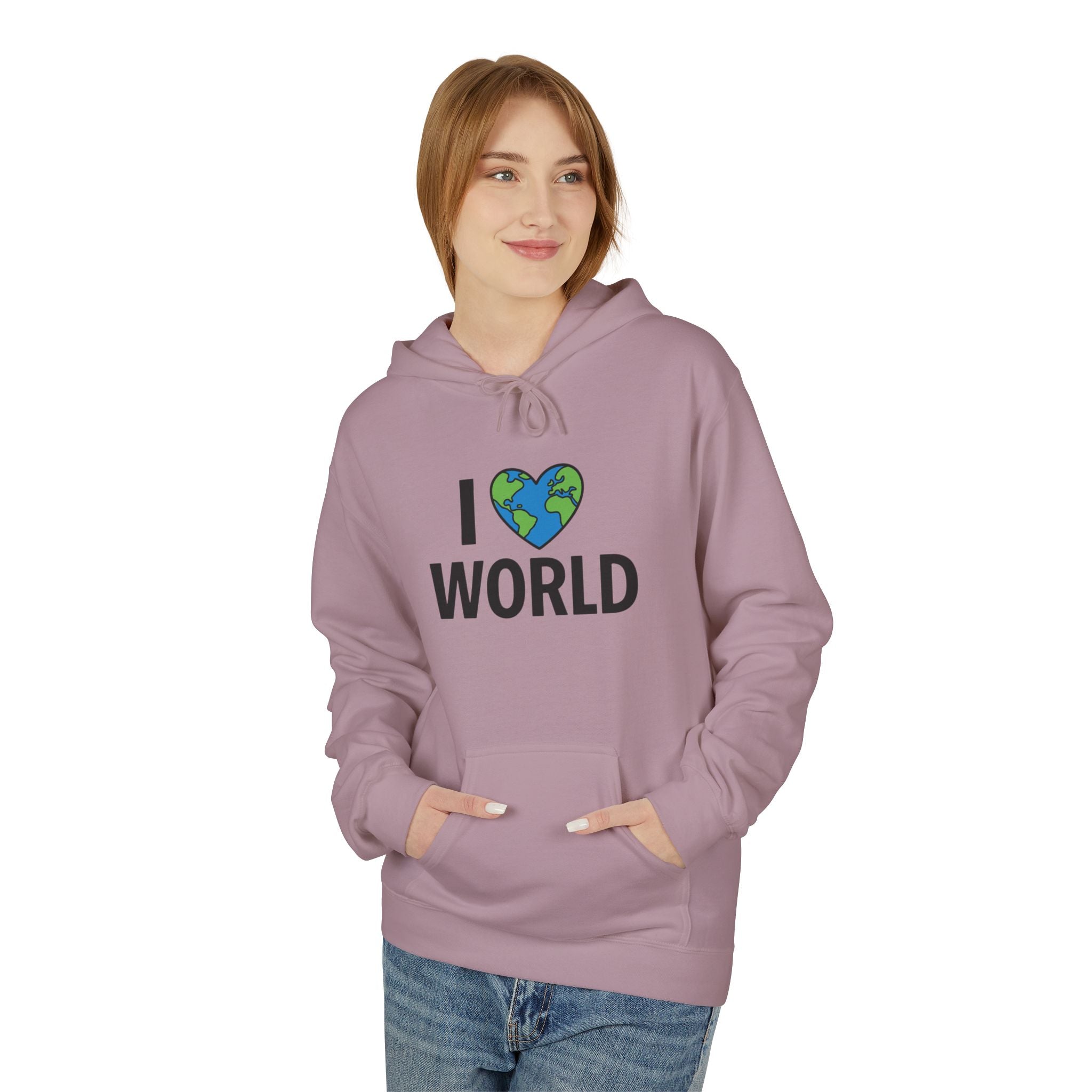 I Love World Fleece Hoodie, Eco-Friendly Apparel, Unisex Sweatshirt, Earth Day Gift, Cozy Travel Wear, Nature Lover's Hoodie