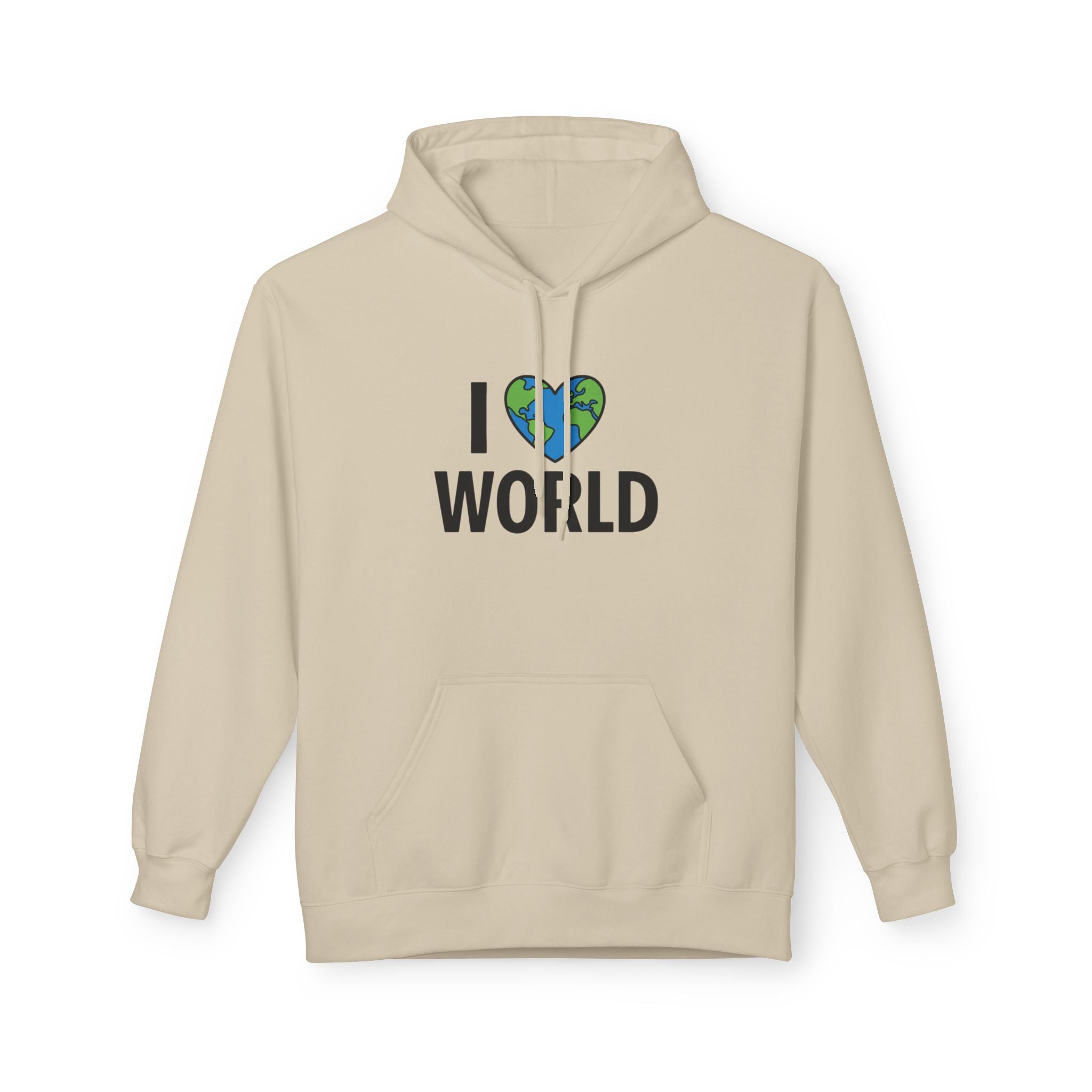 I Love World Fleece Hoodie, Eco-Friendly Apparel, Unisex Sweatshirt, Earth Day Gift, Cozy Travel Wear, Nature Lover's Hoodie