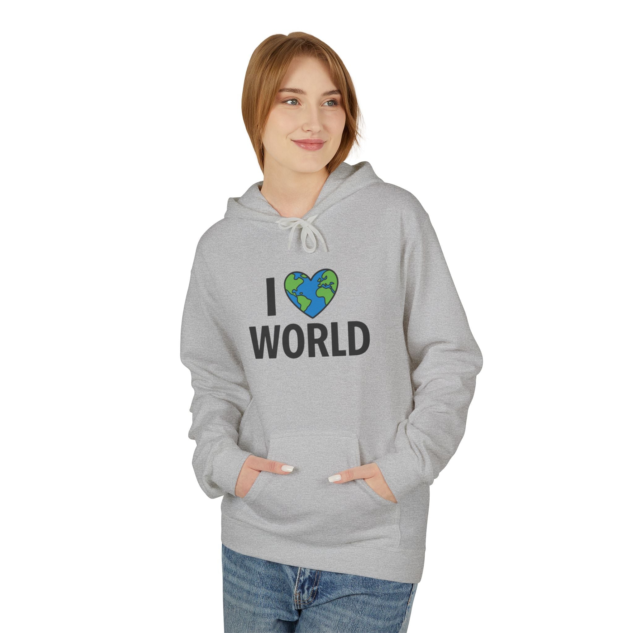 I Love World Fleece Hoodie, Eco-Friendly Apparel, Unisex Sweatshirt, Earth Day Gift, Cozy Travel Wear, Nature Lover's Hoodie