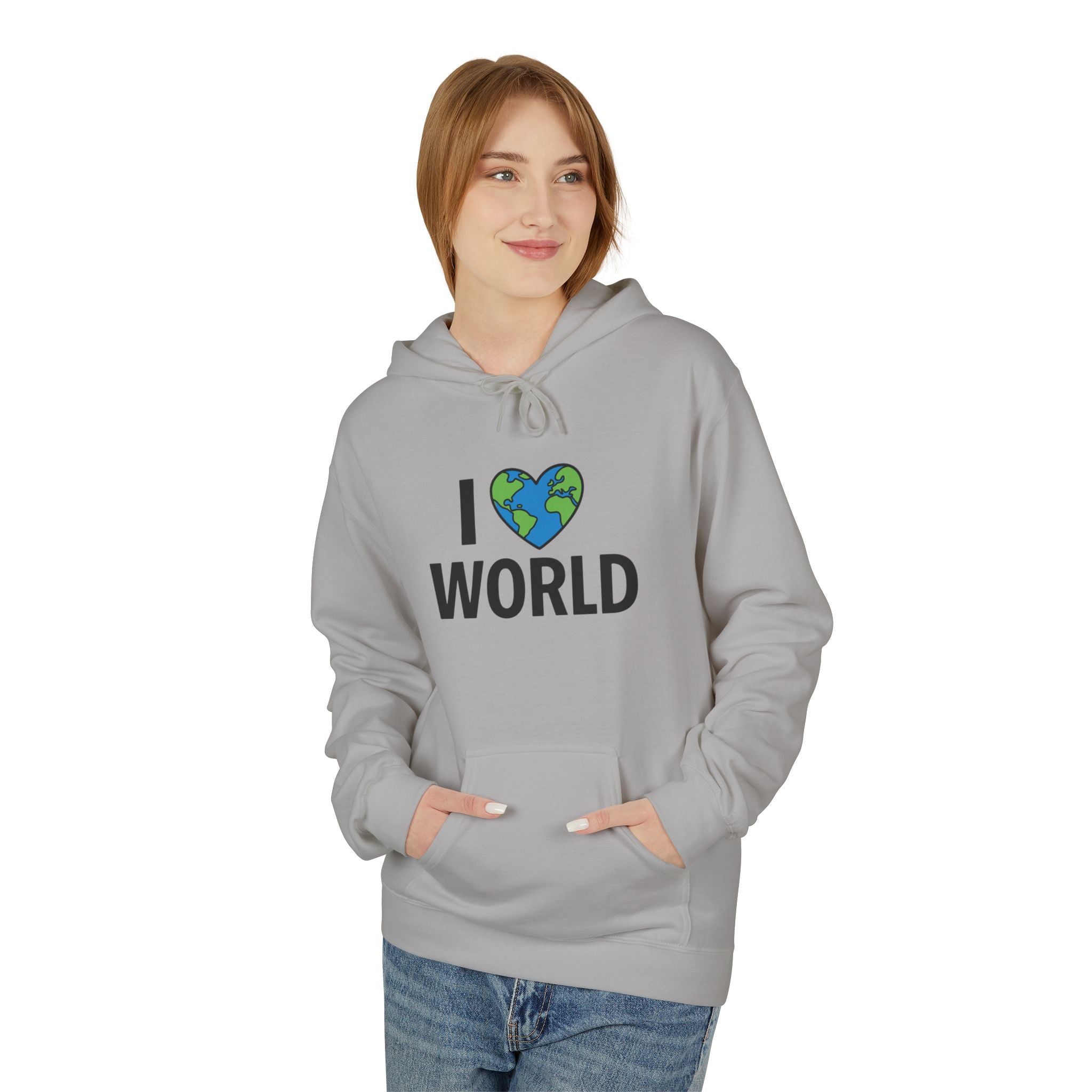 I Love World Fleece Hoodie, Eco-Friendly Apparel, Unisex Sweatshirt, Earth Day Gift, Cozy Travel Wear, Nature Lover's Hoodie