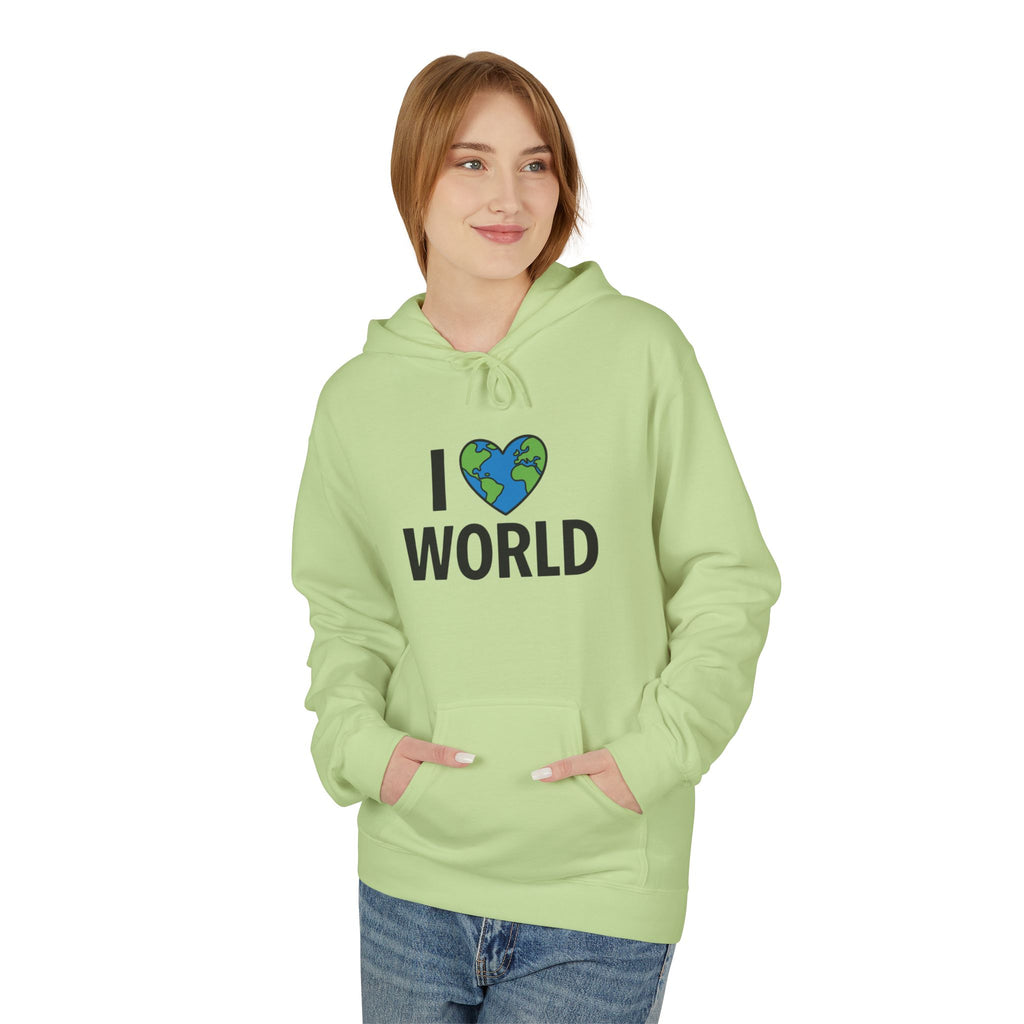 I Love World Fleece Hoodie, Eco-Friendly Apparel, Unisex Sweatshirt, Earth Day Gift, Cozy Travel Wear, Nature Lover's Hoodie