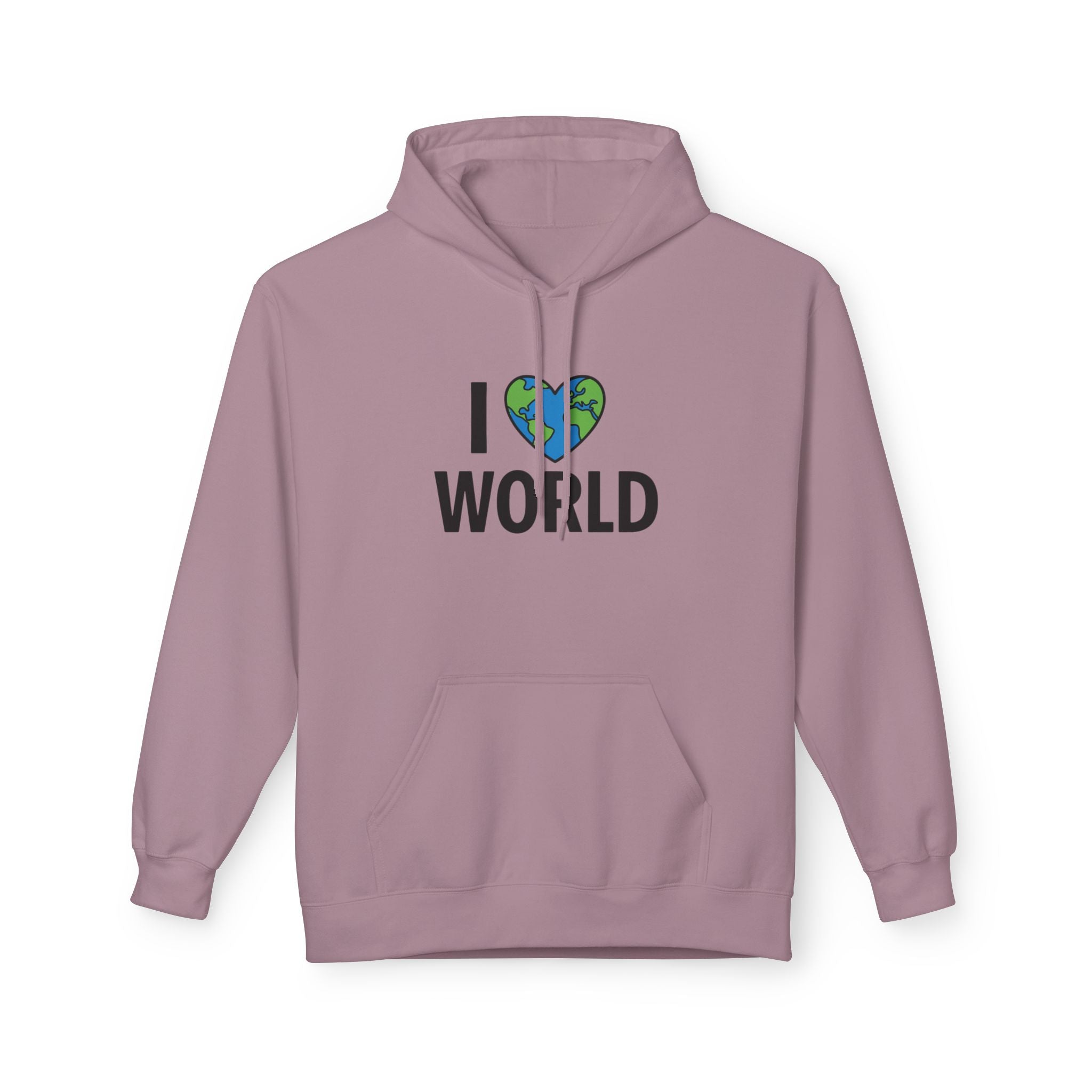 I Love World Fleece Hoodie, Eco-Friendly Apparel, Unisex Sweatshirt, Earth Day Gift, Cozy Travel Wear, Nature Lover's Hoodie