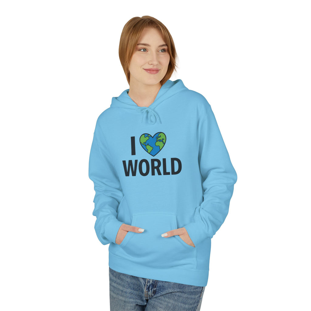 I Love World Fleece Hoodie, Eco-Friendly Apparel, Unisex Sweatshirt, Earth Day Gift, Cozy Travel Wear, Nature Lover's Hoodie