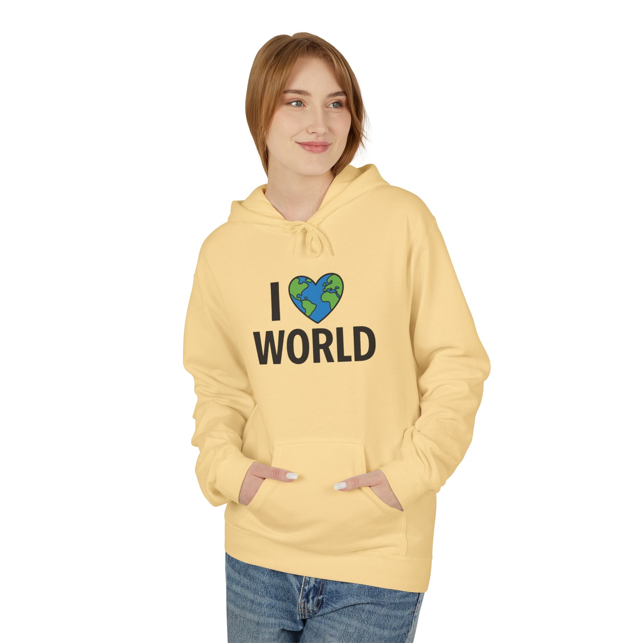 I Love World Fleece Hoodie, Eco-Friendly Apparel, Unisex Sweatshirt, Earth Day Gift, Cozy Travel Wear, Nature Lover's Hoodie