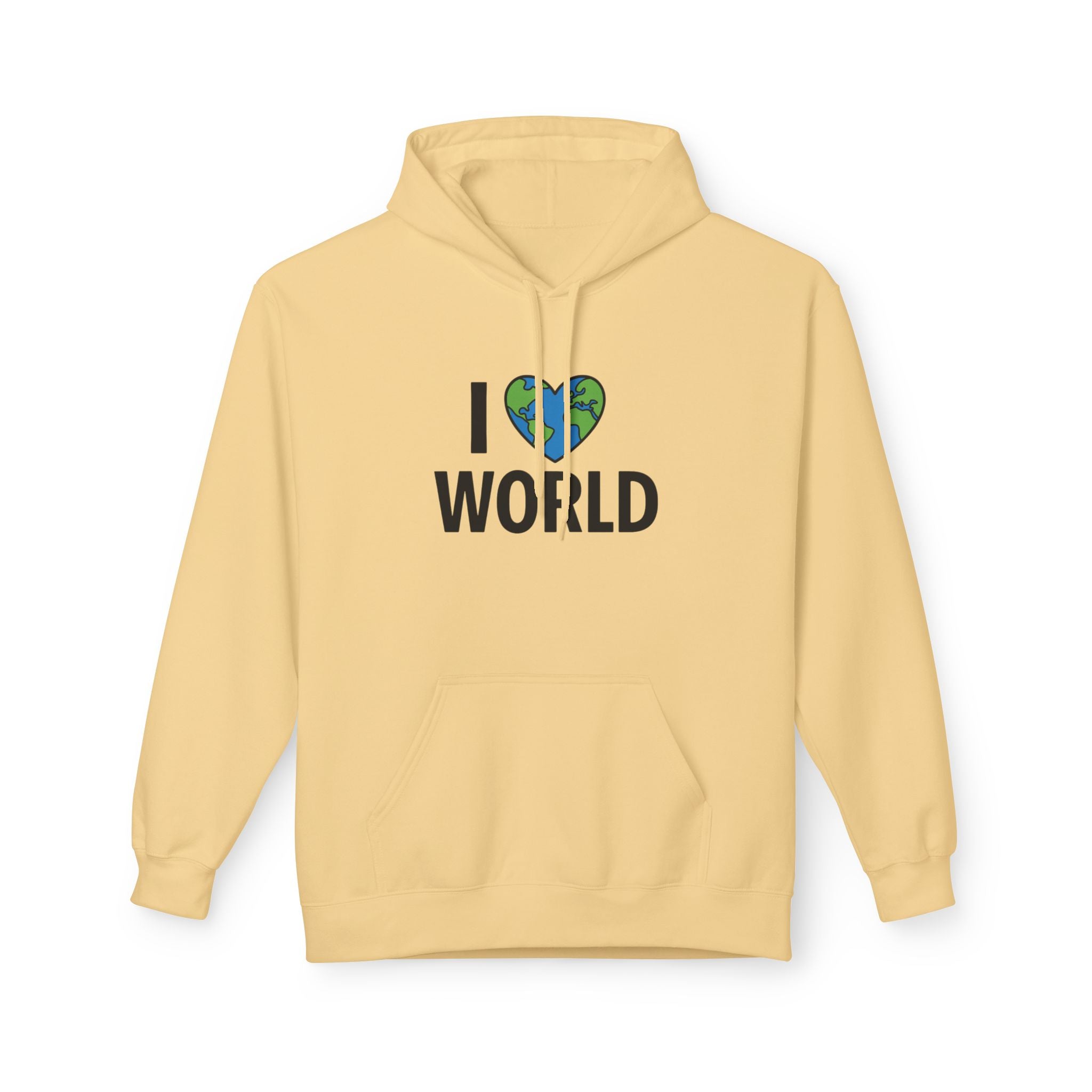 I Love World Fleece Hoodie, Eco-Friendly Apparel, Unisex Sweatshirt, Earth Day Gift, Cozy Travel Wear, Nature Lover's Hoodie