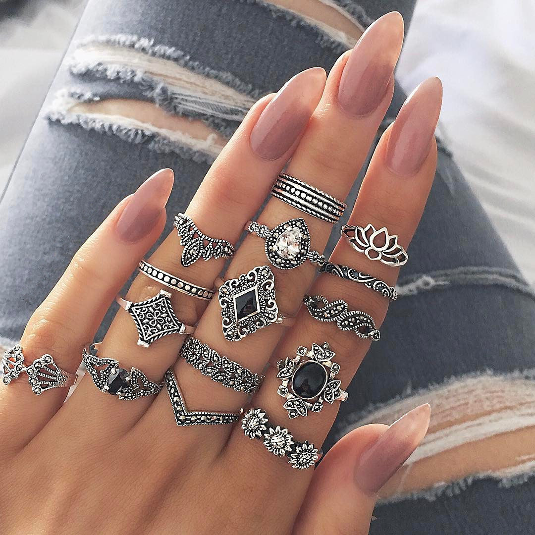 Cross-Border Supply Bohemian Retro Ancient Silver Lotus Women's New Personalized Ring 15-Piece Set