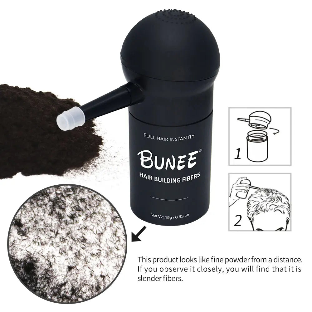 "BUNEE Hair Fiber Set 15g: Men's natural hair-dense fibers for balding areas, fills part lines, includes 15g fiber powder