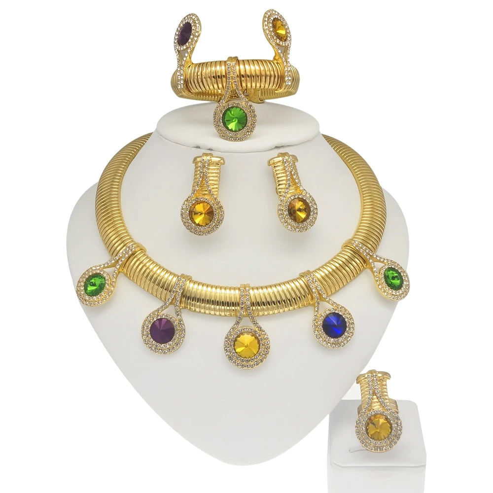 Women Jewelry Set Luxury 24K Gold Plated Colorful Rhinestone Necklace Earrings Gorgeous Wedding Banquet Jewelry Costume