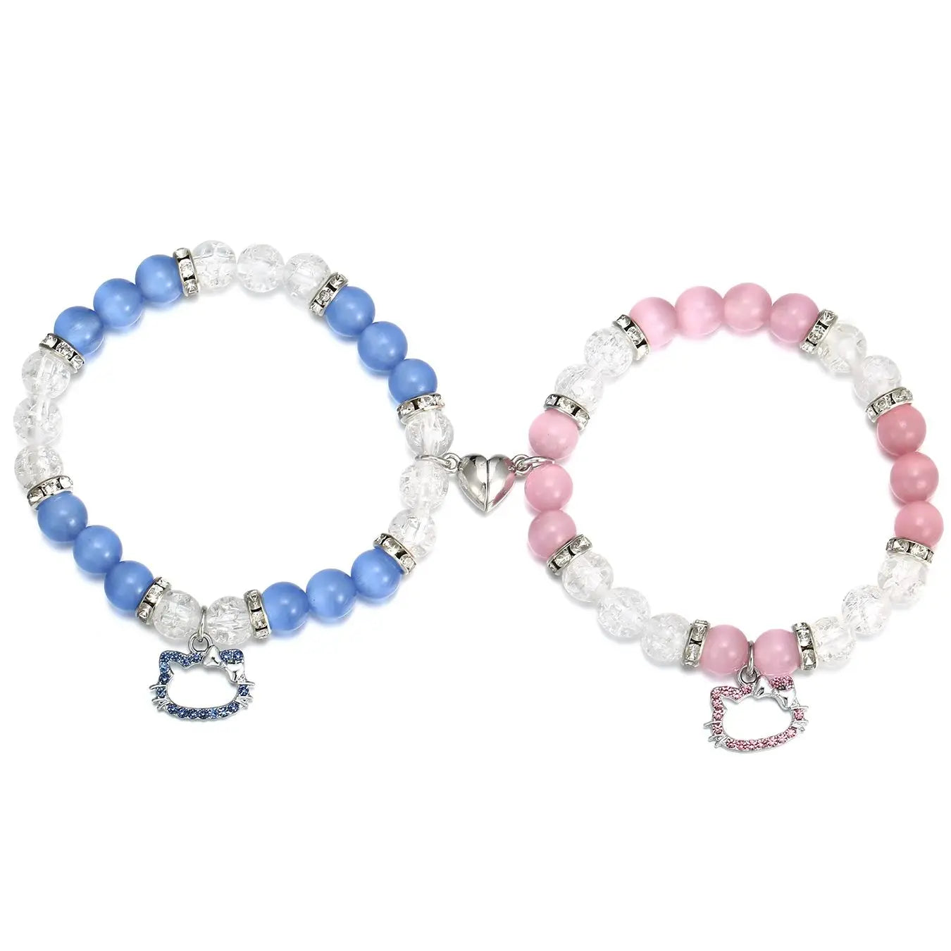 2 pcs of Blue and Pink Beads Cute cat Pendant Heart Shape Magnet Elastic Couple's Bracelets, Bff Trendy Jewelry Gifts