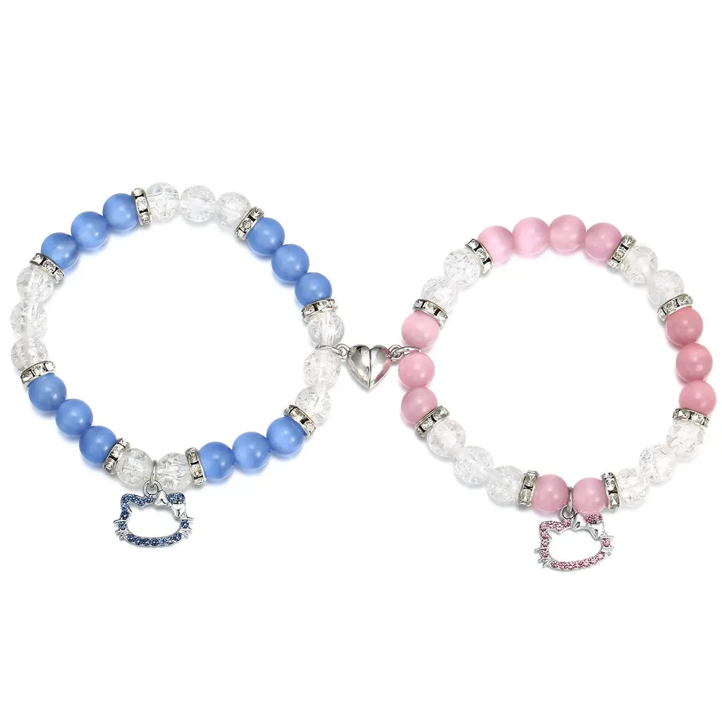 2 pcs of Blue and Pink Beads Cute cat Pendant Heart Shape Magnet Elastic Couple's Bracelets, Bff Trendy Jewelry Gifts