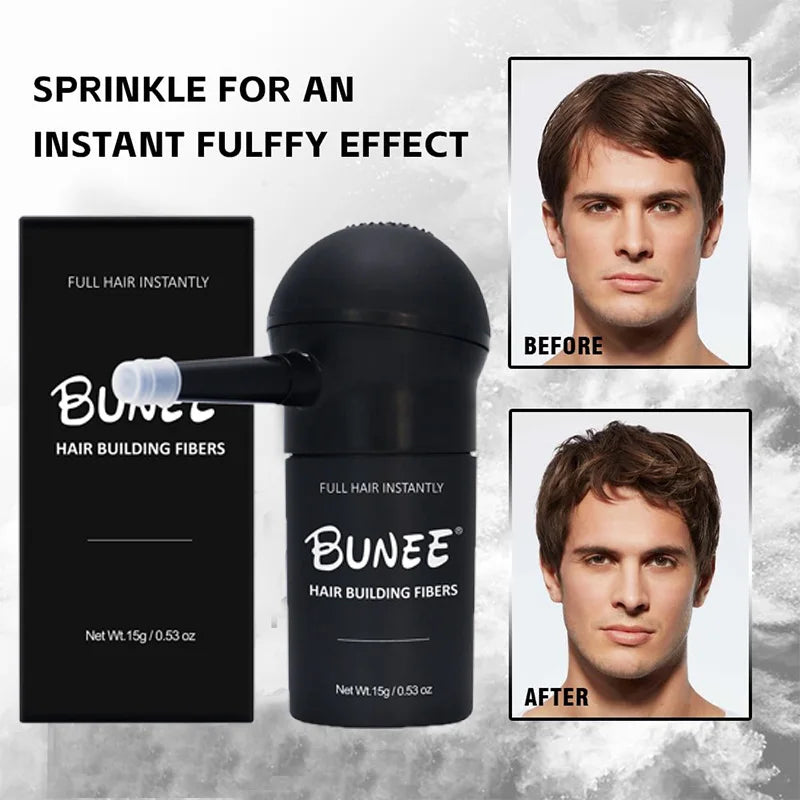 "BUNEE Hair Fiber Set 15g: Men's natural hair-dense fibers for balding areas, fills part lines, includes 15g fiber powder
