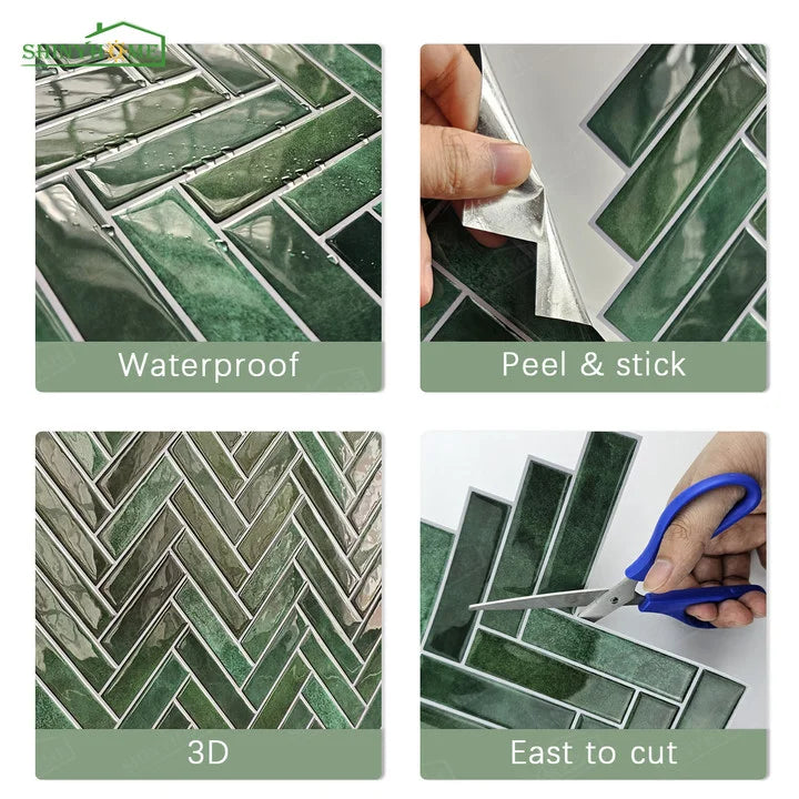 1/5/10/30pcs Green Herringbone 3D Self-adhesive Wall Tile Heat Resistant Peelable Kitchen Backsplash Waterproof Bathroom Wall Ti