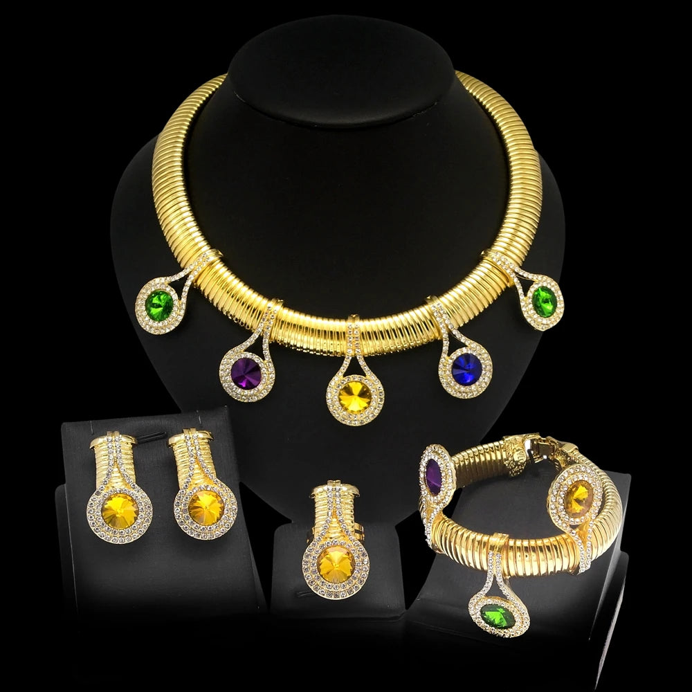 Women Jewelry Set Luxury 24K Gold Plated Colorful Rhinestone Necklace Earrings Gorgeous Wedding Banquet Jewelry Costume