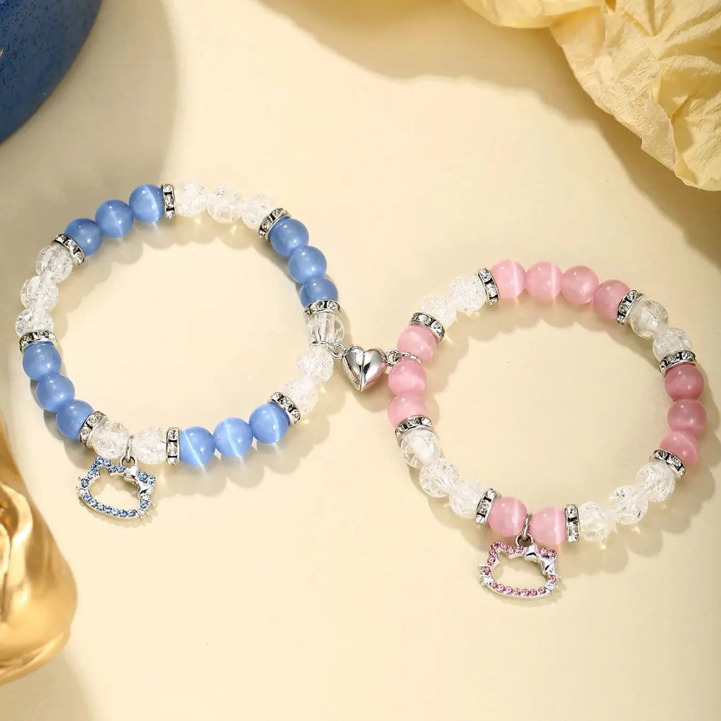 2 pcs of Blue and Pink Beads Cute cat Pendant Heart Shape Magnet Elastic Couple's Bracelets, Bff Trendy Jewelry Gifts
