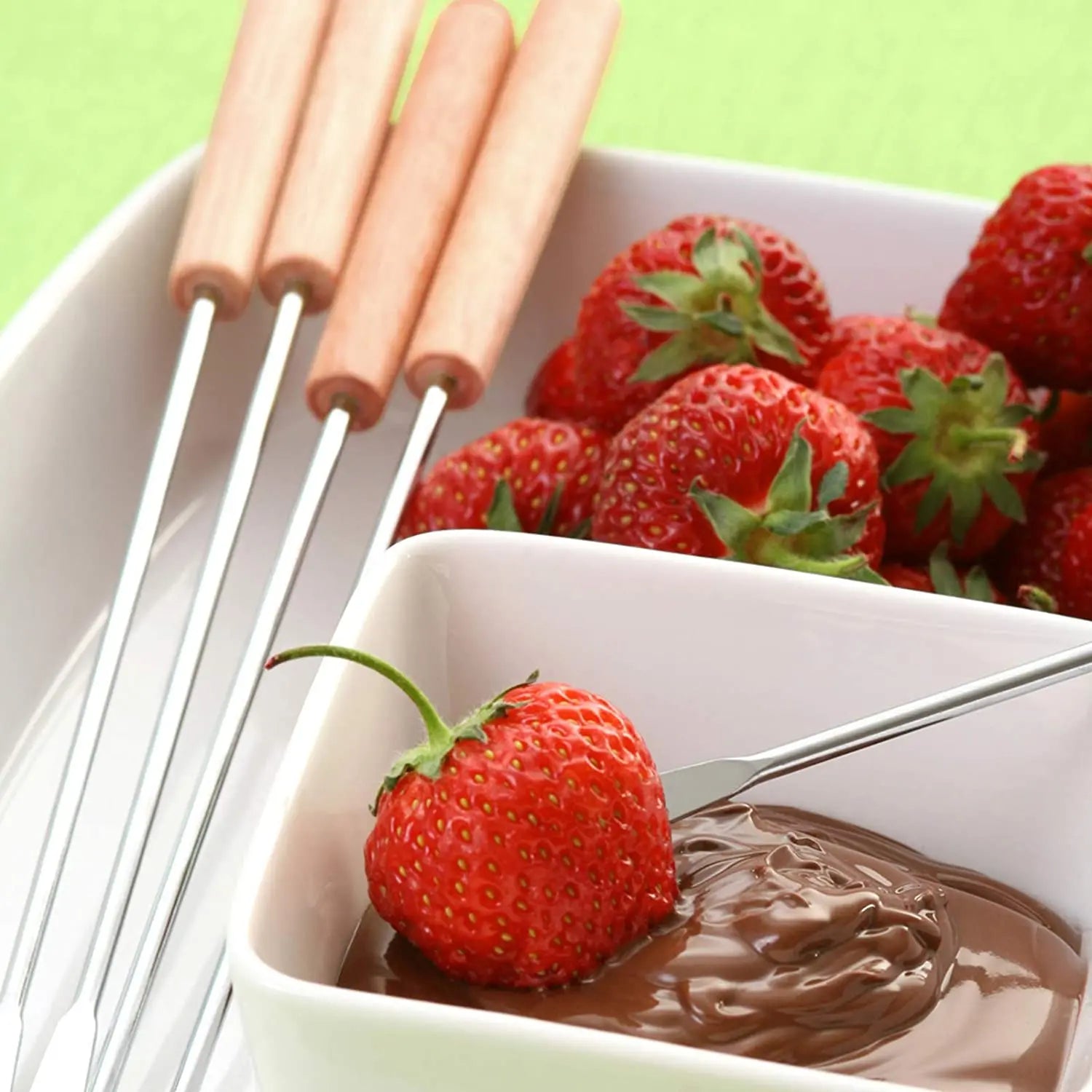 6Pc Stainless Steel Fondue Forks Wood Handle Chocolate Fork Heat Resistant Hot Pot Fruit Dessert Fork Fondue Skewer Kitchen Tool