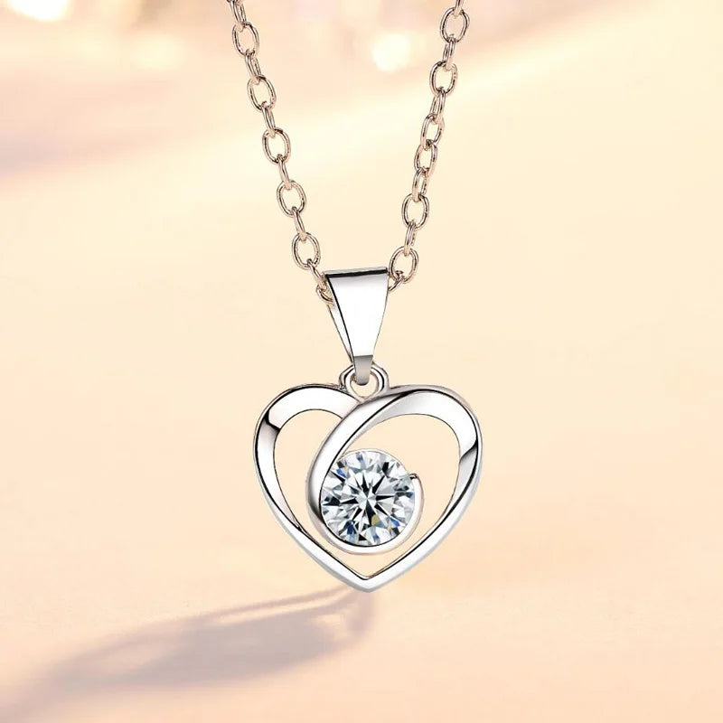 KOFSAC New Luxury Crystal CZ Heart Pendant Choker Necklace 925 Sterling Silver Chain Necklaces For Women Wedding Jewelry Gifts