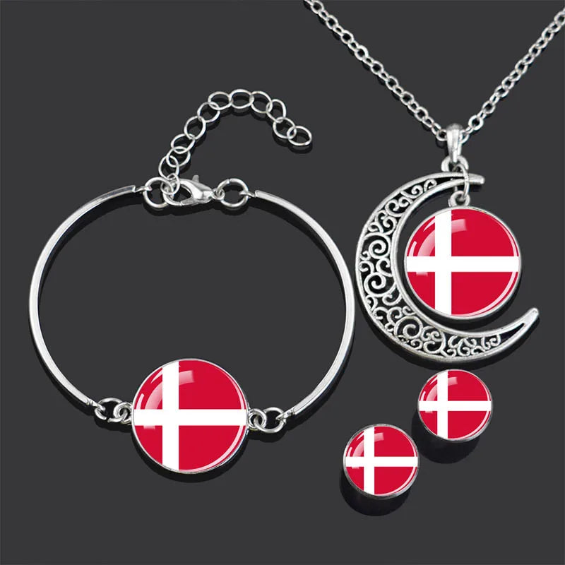 Bracelet Necklace Earrings Jewelry Set Czech Republic Flag Glass Cabochon European Countries Flag Necklace Set for Women Gifts