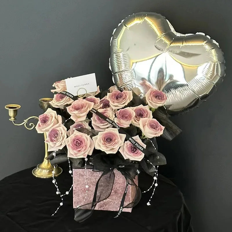 Luxury Pink Rose Bouquet in Exquisite Box with DecorationsRomantic Valentine's Day Bouquet