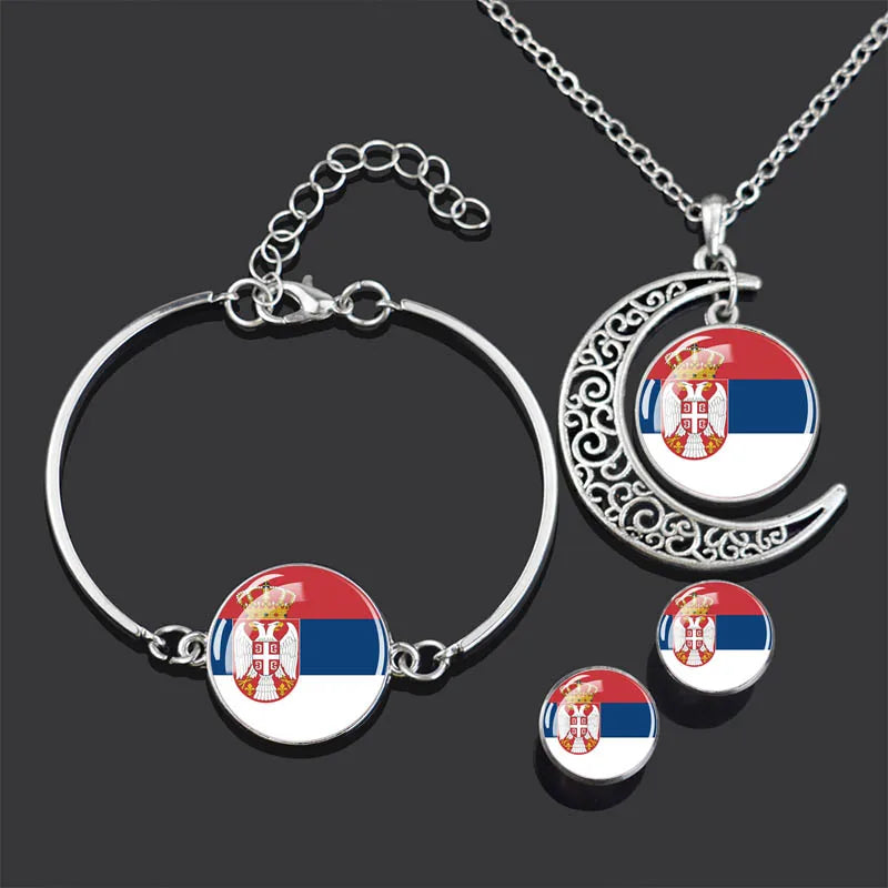 Bracelet Necklace Earrings Jewelry Set Czech Republic Flag Glass Cabochon European Countries Flag Necklace Set for Women Gifts