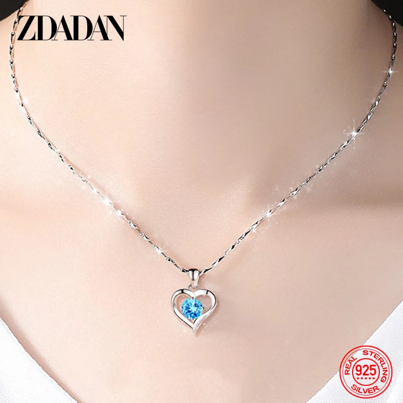 ZDADAN 925 Sterling Silver Heart Blue Crystal Necklace For Women Charm Party Jewelry Accessory
