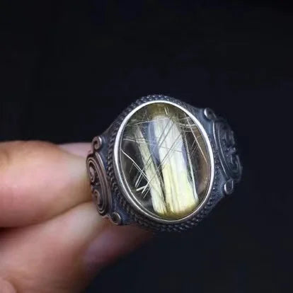 925 Sterling Silver Fashion Healing Crystal Gemstone Jewelry Gold Rutilated Quartz Ring