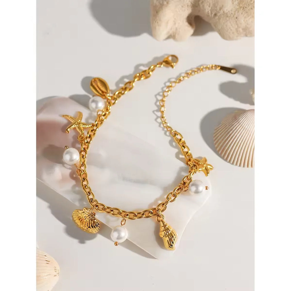 SW3-PAN22 18K Gold PVD Plated Stainless Steel Pearl Shell Starfish Charm Bracelet Bangle Women Waterproof Beach