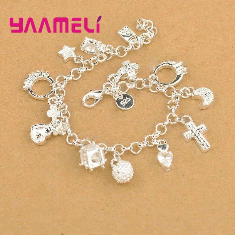 Top Quality 925 Sterling Silver Color Bracelet Nice Cross Moon Heart Clock Ball Cube Star Charms Jewelry for Women Girls