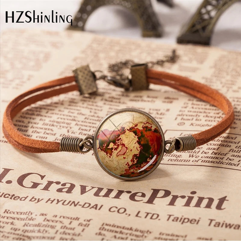 Hot Sale World Mother Vintage Leather Bracelet Planet Earth World Globe Map Bracelets Art Accessories