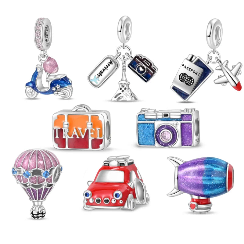 Travel Series S925 Sterling Silver Airplane Passport Earth Necklace Pendant Pink Suitcase Beads Suitable for Original Bracelet