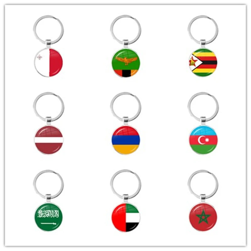 Malta Zambia Zimbabwe Latvia Armenia Azerbaijan Saudi Arabia UAE Morocco Glass Cabochon National Flag Keychain Keyholder Gift