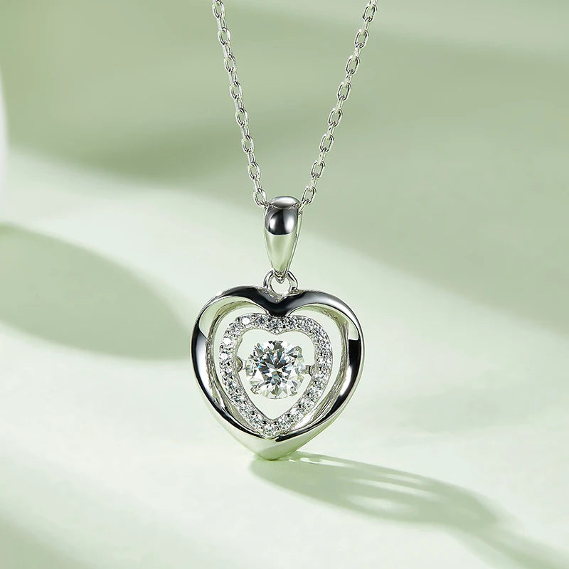 Link Chain Necklace Pendant Round Cut Sterling 925 Silver Moissanite Heart Necklace for Women