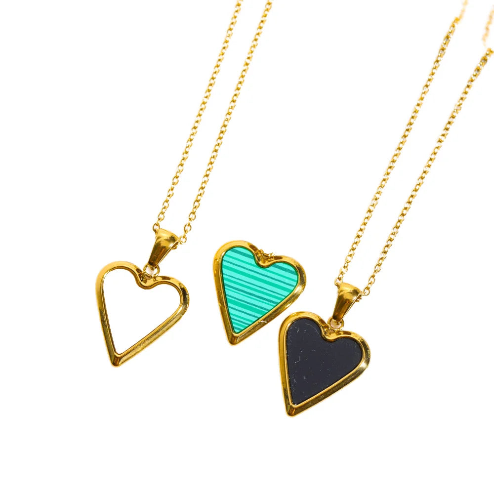 WN02095 Unisex White/Black Shell Malachite Heart Pendant Necklace with Trendy Link Chain for Parties