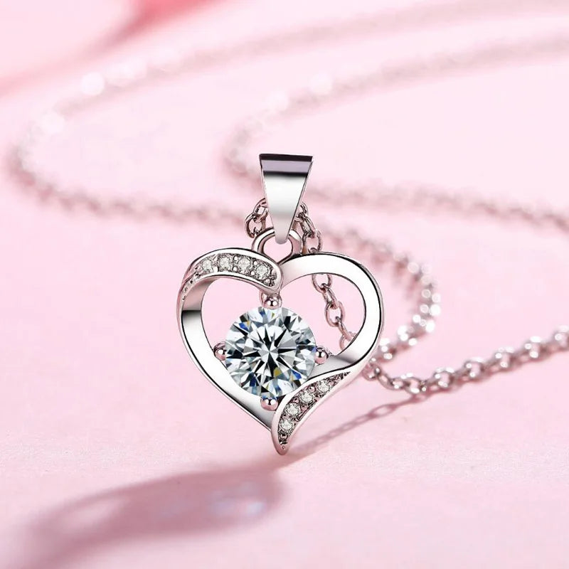 KOFSAC New Luxury Crystal CZ Heart Pendant Choker Necklace 925 Sterling Silver Chain Necklaces For Women Wedding Jewelry Gifts