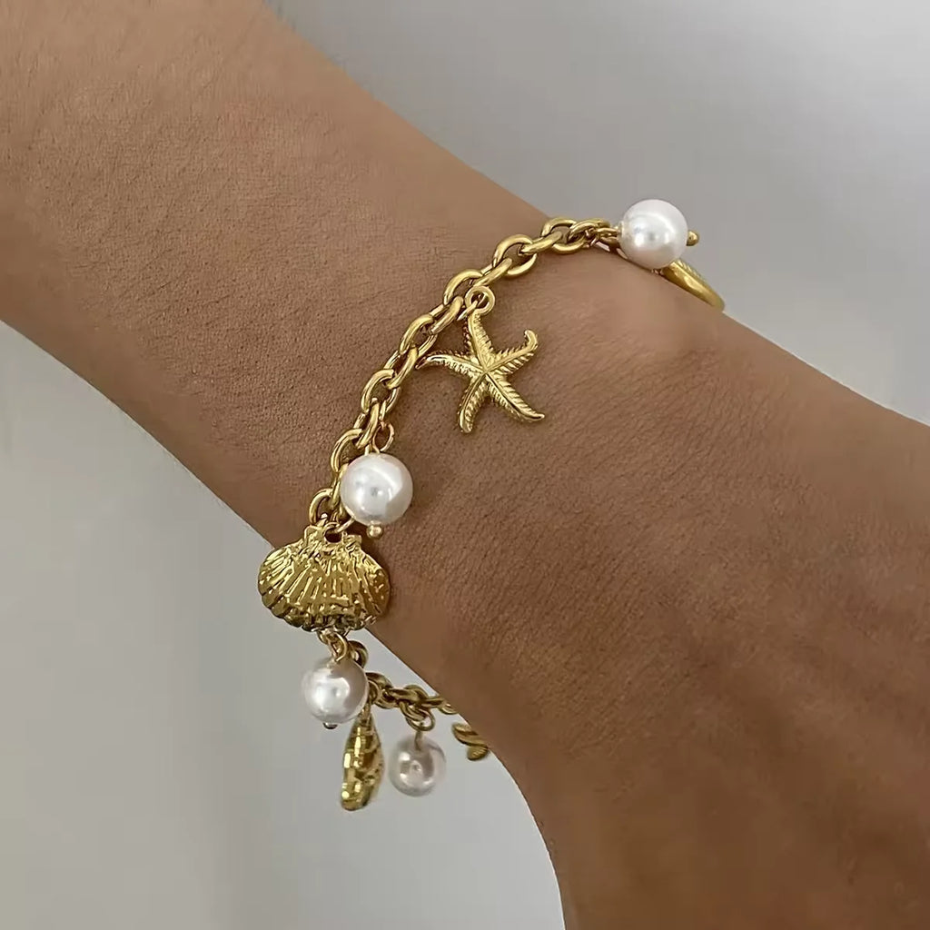 SW3-PAN22 18K Gold PVD Plated Stainless Steel Pearl Shell Starfish Charm Bracelet Bangle Women Waterproof Beach
