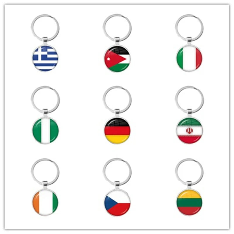 National Flag Glass Cabochon Keychain Greece,Jordan,Italy,Nigeria,Germany,Iran,Czech Republic,Côte d'Ivoire,Lithuania Key Ring