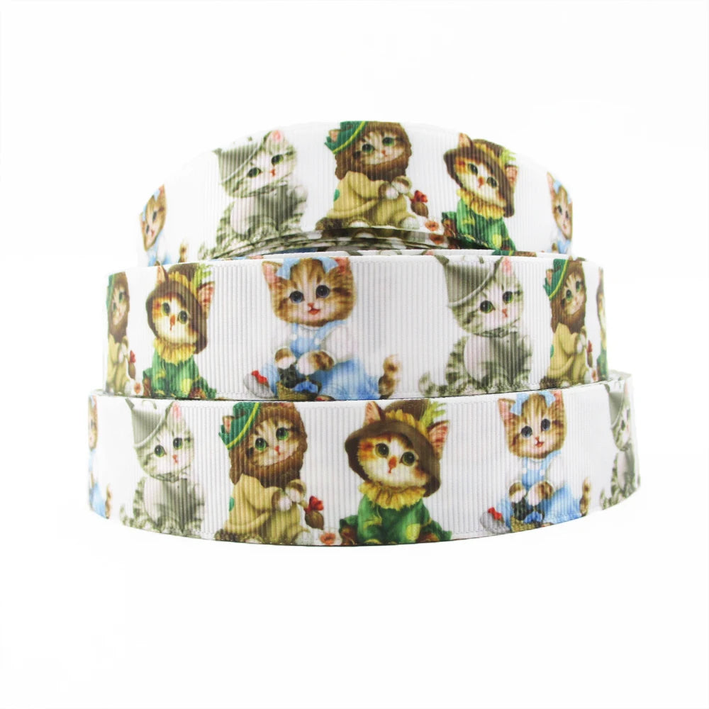 5 Yards Multi Size Cute Cat Theme Ribbons Grosgrain Animal Printed Decorations DIY Sewing Crafts For Making Hair Bows