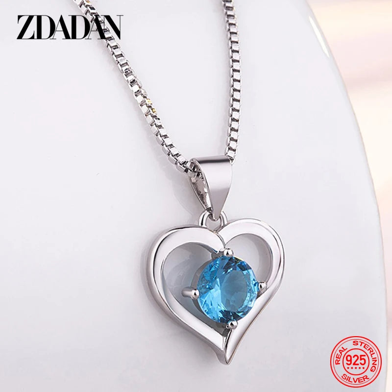 ZDADAN 925 Sterling Silver Heart Blue Crystal Necklace For Women Charm Party Jewelry Accessory