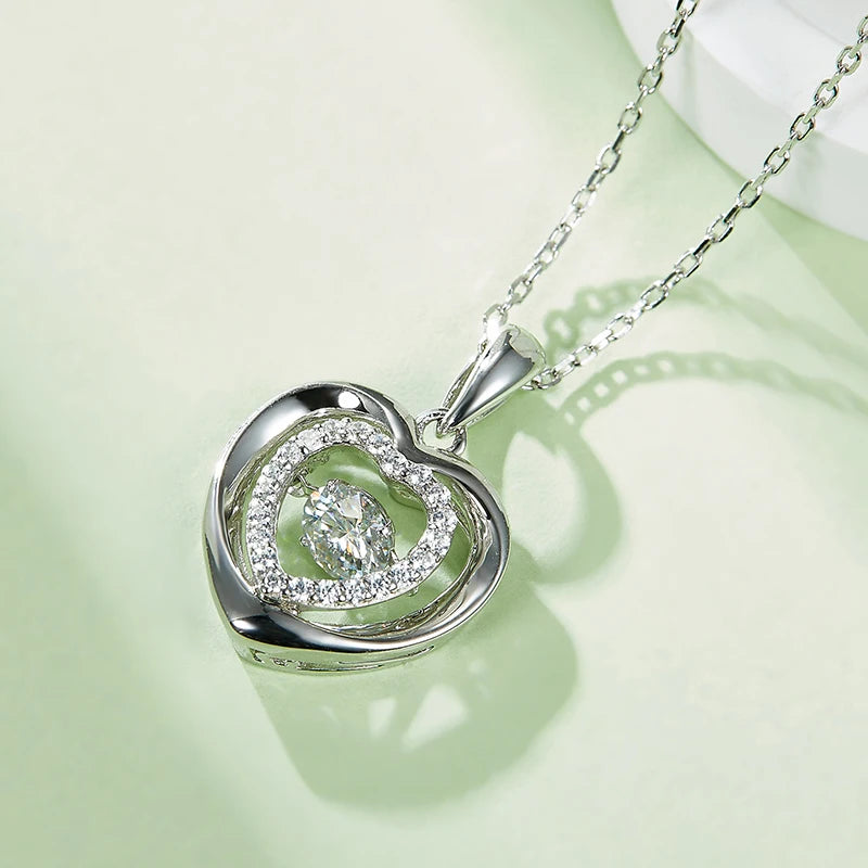 Link Chain Necklace Pendant Round Cut Sterling 925 Silver Moissanite Heart Necklace for Women