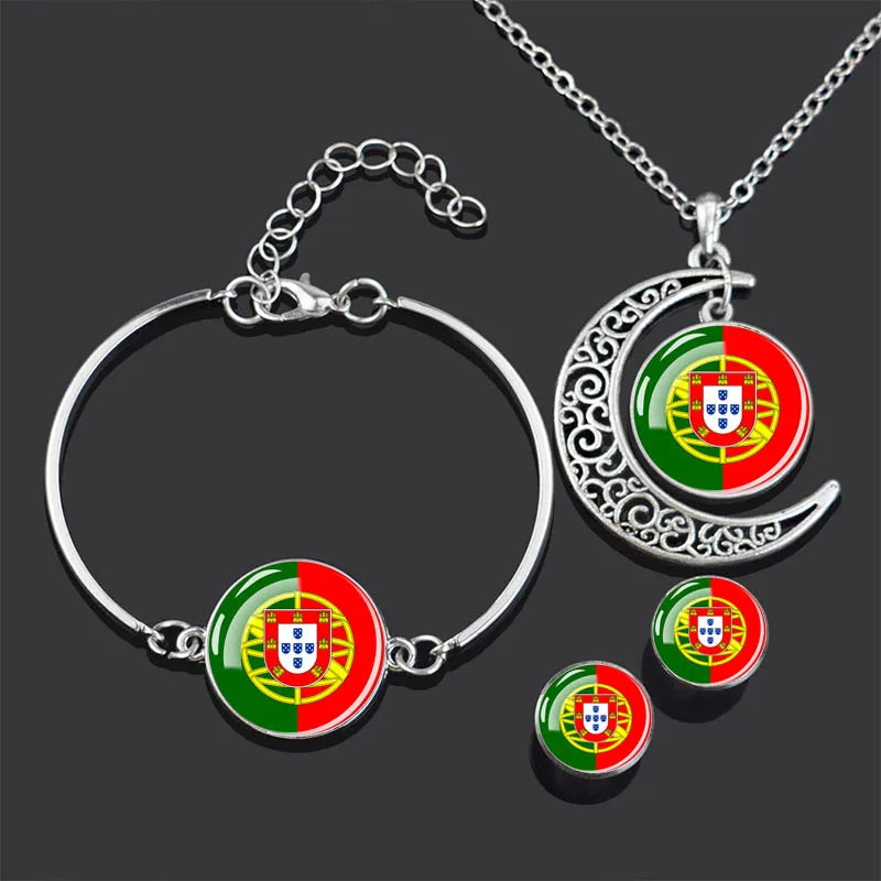 Bracelet Necklace Earrings Jewelry Set Czech Republic Flag Glass Cabochon European Countries Flag Necklace Set for Women Gifts