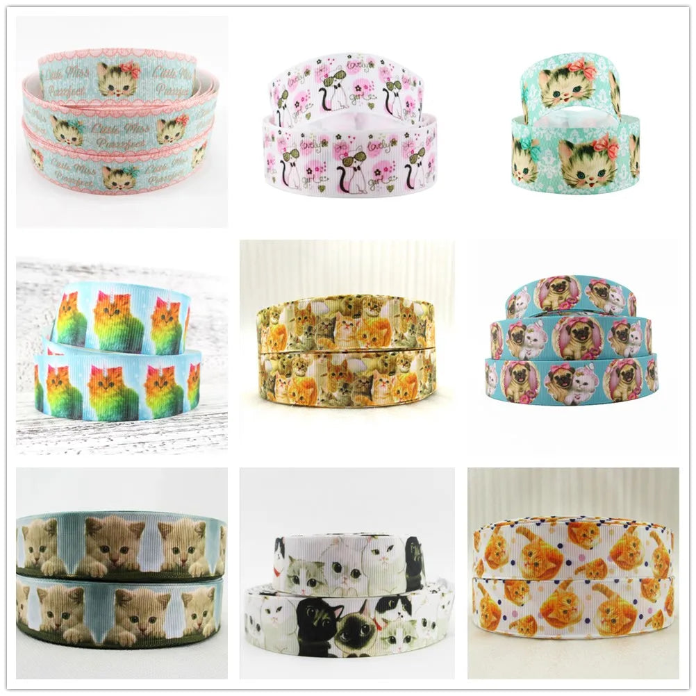 5 Yards Multi Size Cute Cat Theme Ribbons Grosgrain Animal Printed Decorations DIY Sewing Crafts For Making Hair Bows