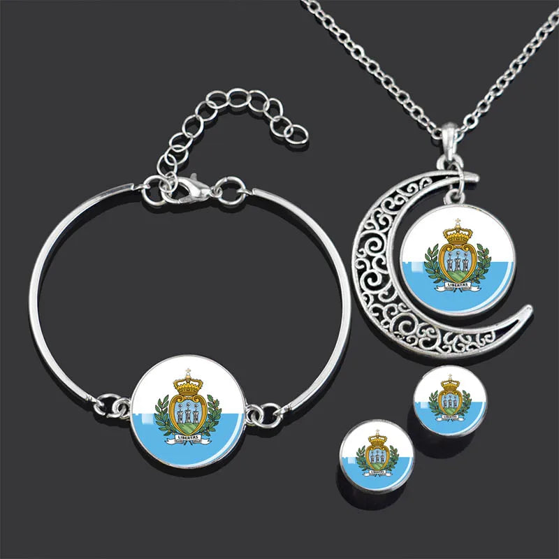 Bracelet Necklace Earrings Jewelry Set Czech Republic Flag Glass Cabochon European Countries Flag Necklace Set for Women Gifts